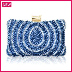 Pearl Beaded Evening Clutch with Chain, 7.9" Luxury Bridal Bag
